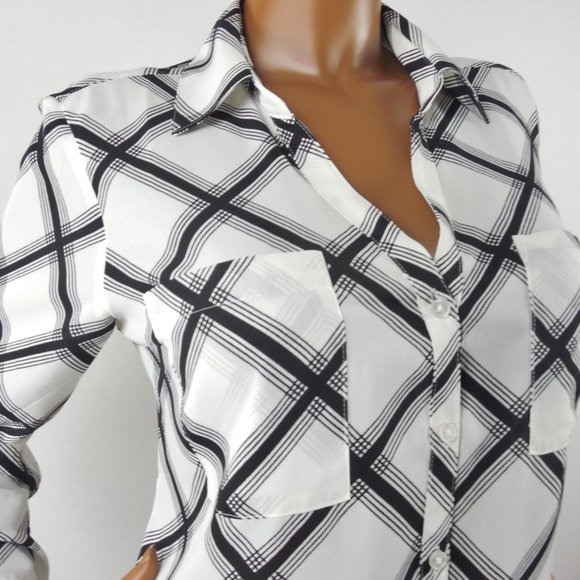 EXPRESS Top L Button Down Blouse White/Black Shirt Checks Roll Tab Long Sleeves - Picture 6 of 12